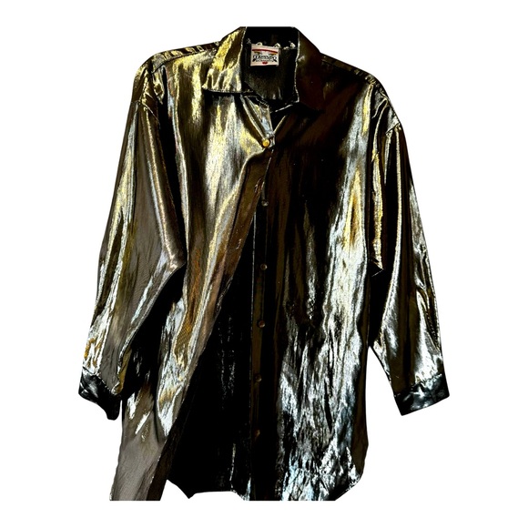 RETRO VINTAGE CONTEMPO CASUALS GOLD METALLIC LONG-SLEEVE OVERSIZED BUTTONED N sz - Picture 4 of 12